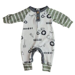 Tesa Babe Romper One Piece 0-3M Green Long Sleeve Snaps 100% Cotton Farm Tractor